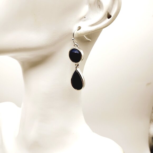 Liz Claiborne Two-tier Drop-Dangle Earrings Deep Navy Silver-tone Bezel - Picture 7 of 11